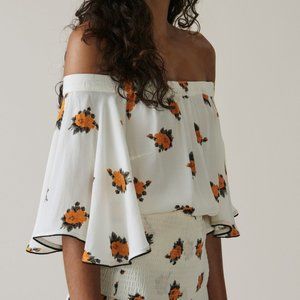 Ganni Women's Roseburg Floral White/Orange Crepe Off the Shoulder Top EUR 38/M